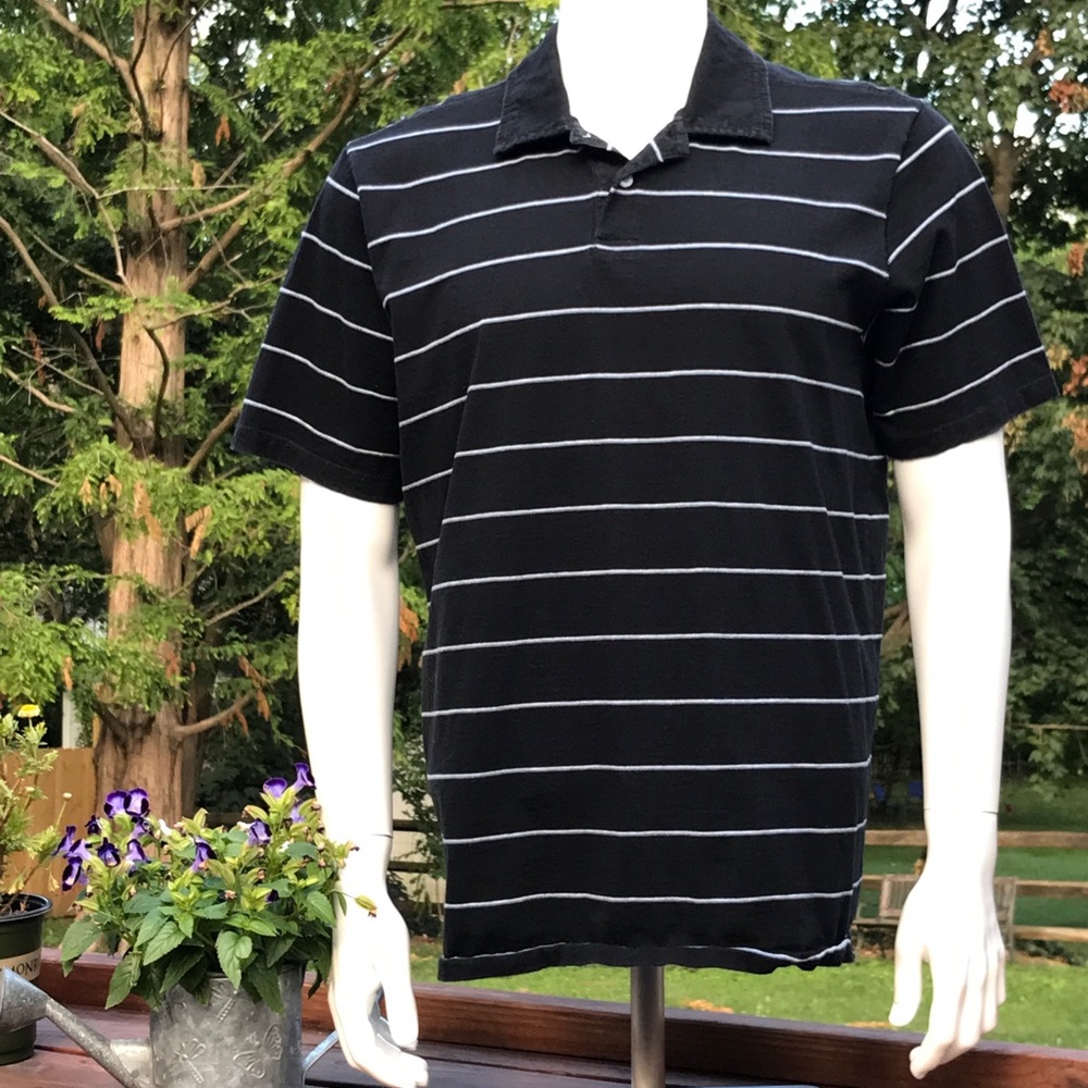 Hurley Mens L Black Blue White Striped Polo Shirt Short Sleeve Prepy
